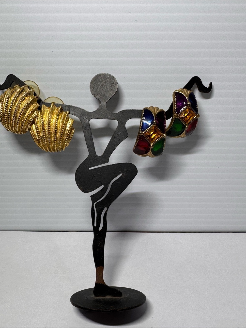 Gold Tone Textured Post Earrings & Multicolor Enamel Hoop Post Earrings